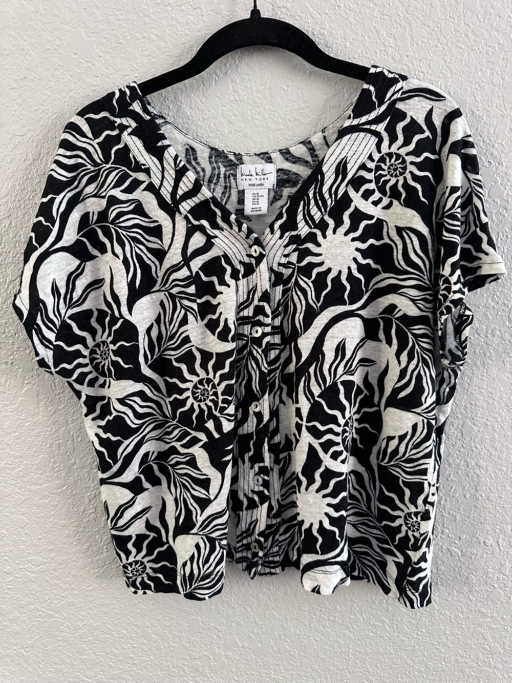 Nicole Miller New York Linen Nautical Shell Print Button Front Blouse XL